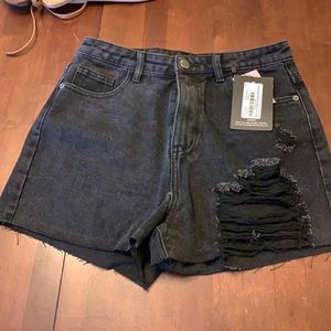 Black distressed wash jean shorts